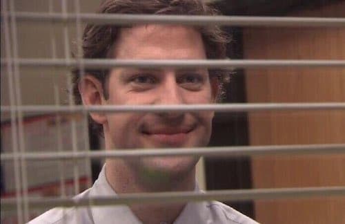 Jim Halpert Smiling Through Blinds meme template