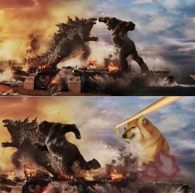 Godzilla vs. Kong vs. Cheems meme template