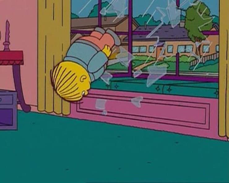 Ralph Wiggum Diving Through Window meme template
