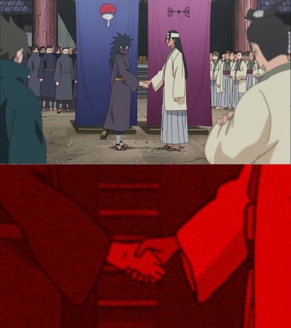 Handshake between Madara and Hashirama meme template